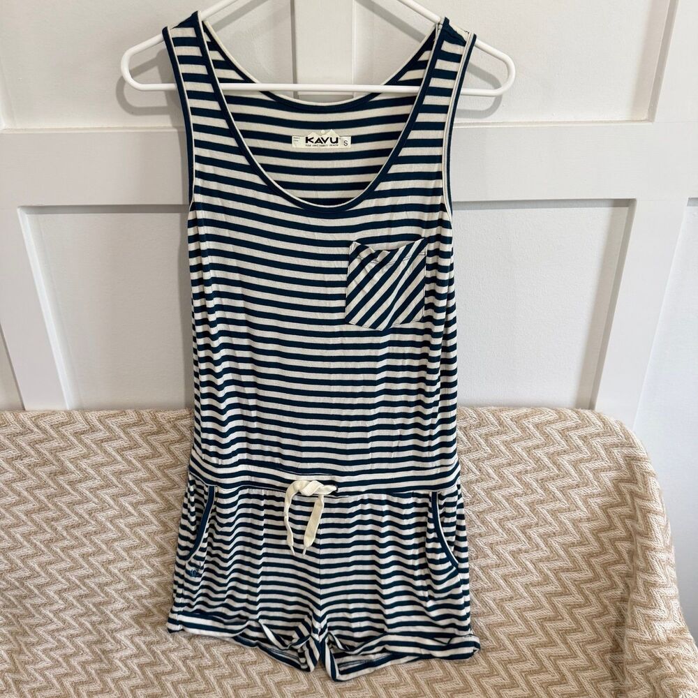 KAVU Women's Doris Romper Striped Tank Top Drawstring Waist Pockets Small